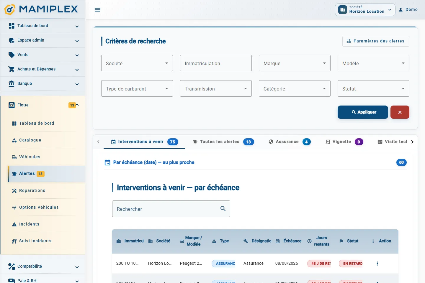Échéances d’assurance, de visite technique et d’entretien (données de démonstration)