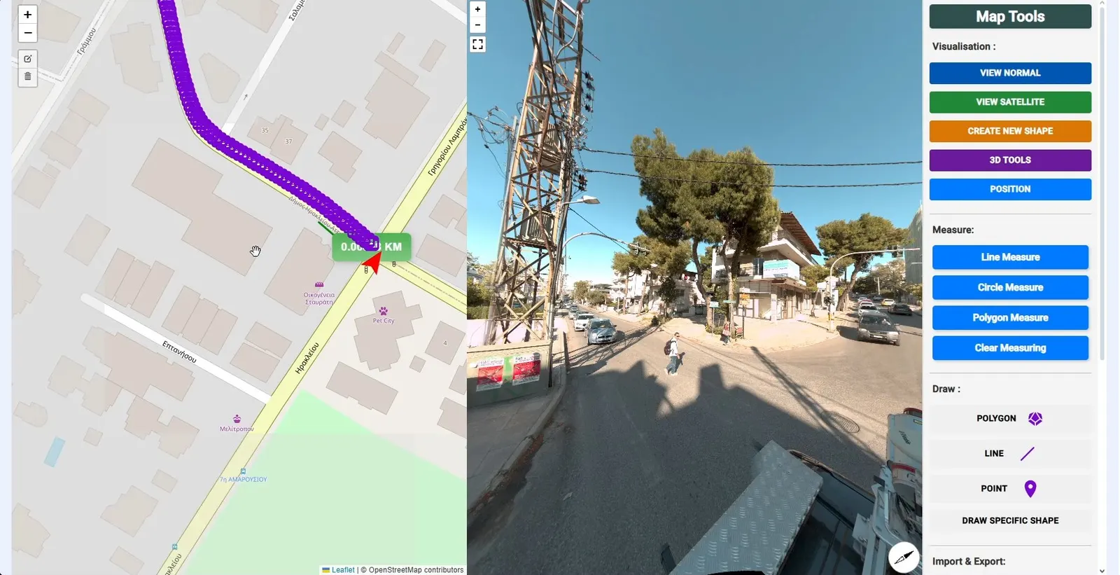 Route on the map, synced with street-level imagery